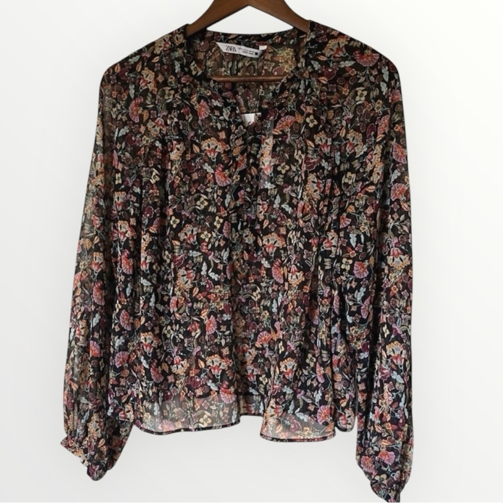 ZARA Floral Balloon Sleeve Top XS NWT LightweightDressy Blouse Office Wear